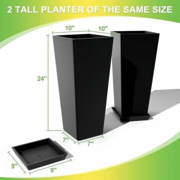 TUYOHW Set of 2 Large Tall Planter for Indoor or Outdoor 24" Tall Flower Pots Tapered Tall Planters with Tray for Porch, Patio, Backyard, Large Planters for Outdoor Indoor Plants(Black)