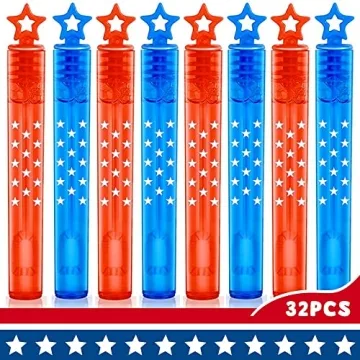VKTEN 32Pcs 4th of July Mini Bubble Wands Patriotic Red White Blue Bubbles for Kids, Independence Day Party Favors Patriotic Decorations