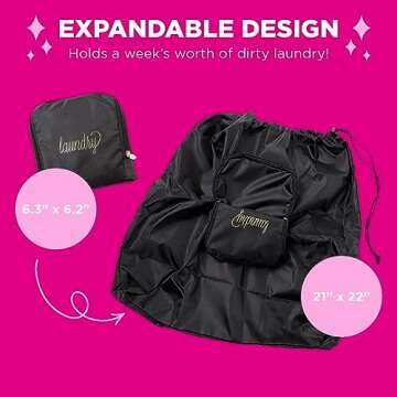Miamica Soft Travel Laundry Bag with Zipper and Drawstring, Black & Gold, 21” x 22” – Keep Your Dirty Clothes Separate and Your Suitcase Organized – Expandable, Durable, and Foldable Laundry Bag