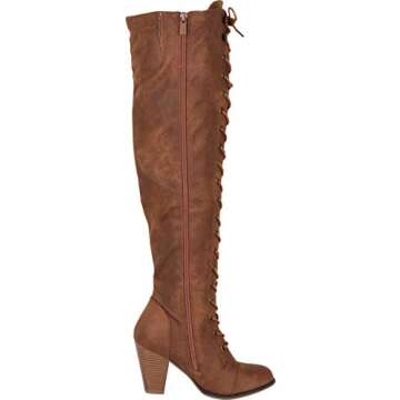 Cambridge Select Women's Closed Toe Lace-up Chunky Stacked Heel Over The Knee Boot,6 B(M) US,Tan PU