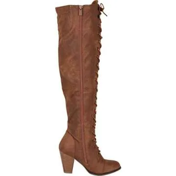 Cambridge Select Women's Closed Toe Lace-up Chunky Stacked Heel Over The Knee Boot,6 B(M) US,Tan PU