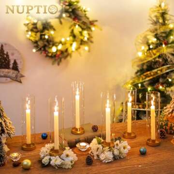 NUPTIO Hurricane Glass Candle Holders: 6 Pcs Gold Metal Taper Candlesticks Holder with 11.81 inch Lo...