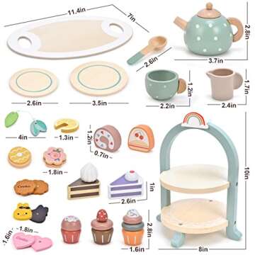 Atoylink Wooden Tea Party Set for Little Girls 28 Pcs Toddler Tea Set with Cupcake Stand & Food Pretend Play Accessories Kids Kitchen Playset Wooden Toys for 2 3 4 5 6 Year Old Girl Birthday Gift