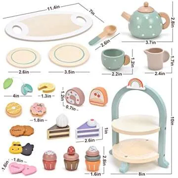 Atoylink Wooden Tea Party Set for Little Girls 28 Pcs Toddler Tea Set with Cupcake Stand & Food Pretend Play Accessories Kids Kitchen Playset Wooden Toys for 2 3 4 5 6 Year Old Girl Birthday Gift
