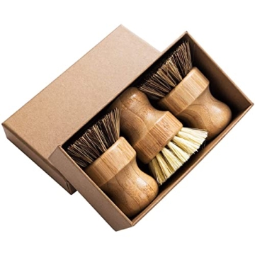 Palm Pot Brush- Bamboo Round 3 Packs Mini Dish Brush Natural Scrub Brush Durable Scrubber Cleaning K...