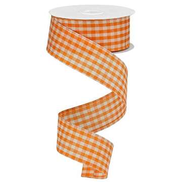 Primitive Gingham Check Wired Edge Ribbon, 10 Yards (Orange, Ivory, 1.5")