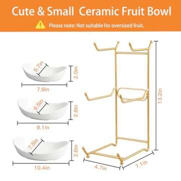 HOMKULA Fruit Bowl for Kitchen Counter - 3 Tier Ceramic Serving Bowls with Metal Stand, Tiered Fruit Basket for Fruit Vegetable Storage, Snack, Nuts, Cake, Dessert, Small & Cute (Gold)