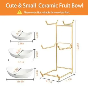 HOMKULA Fruit Bowl for Kitchen Counter - 3 Tier Ceramic Serving Bowls with Metal Stand, Tiered Fruit Basket for Fruit Vegetable Storage, Snack, Nuts, Cake, Dessert, Small & Cute (Gold)