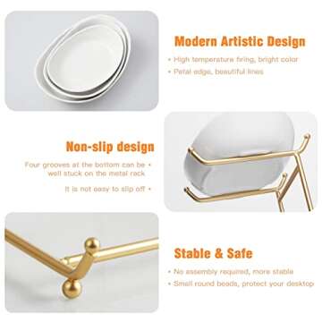 HOMKULA Fruit Bowl for Kitchen Counter - 3 Tier Ceramic Serving Bowls with Metal Stand, Tiered Fruit Basket for Fruit Vegetable Storage, Snack, Nuts, Cake, Dessert, Small & Cute (Gold)