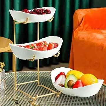 HOMKULA Fruit Bowl for Kitchen Counter - 3 Tier Ceramic Serving Bowls with Metal Stand, Tiered Fruit Basket for Fruit Vegetable Storage, Snack, Nuts, Cake, Dessert, Small & Cute (Gold)