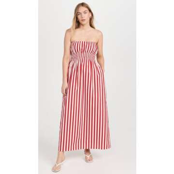 FAITHFULL THE BRAND Women's Le Bon Midi Dress, Bayou Stripe/Red, XS