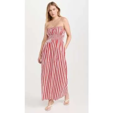 FAITHFULL THE BRAND Women's Le Bon Midi Dress, Bayou Stripe/Red, XS