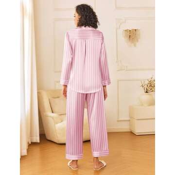 Ekouaer Women's Silk Satin Pajama Sets - Long Sleeve Button Down Sleepwear Set 2 Piece Striped Loung...