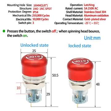 16mm /0.63" Latching Emergency Stop Push Button Switch SPDT Mushroom Stainless Steel Red with Wired ...