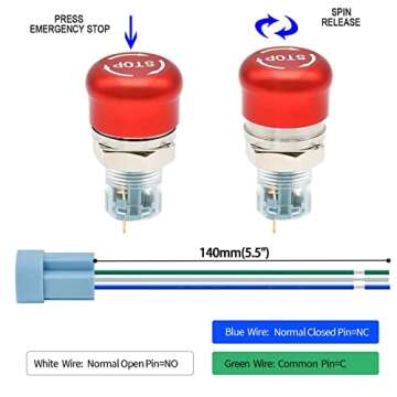 16mm /0.63" Latching Emergency Stop Push Button Switch SPDT Mushroom Stainless Steel Red with Wired Socket 120V 12V 5V-220V (16MM Small Head 1NO 1NC)