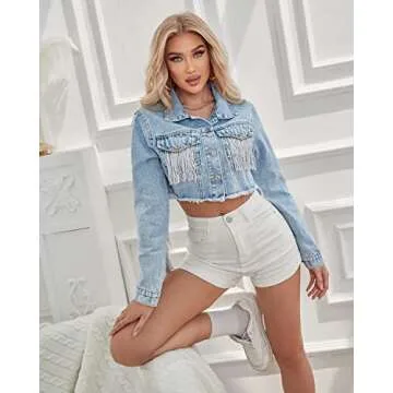 YILANUOYI Women’s Crop Denim Jacket Tassel Casual Jean Coat With Fringe (S, S107Blue)