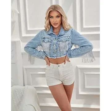 YILANUOYI Women’s Crop Denim Jacket Tassel Casual Jean Coat With Fringe (S, S107Blue)