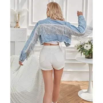 YILANUOYI Women’s Crop Denim Jacket Tassel Casual Jean Coat With Fringe (S, S107Blue)