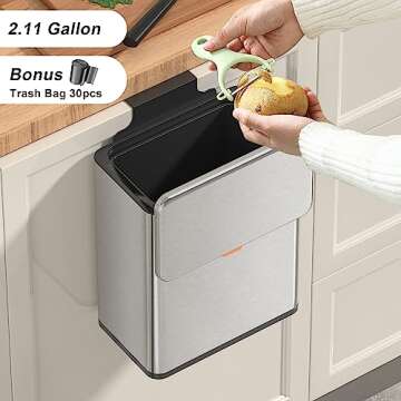 Mbillion Kitchen Compost Bin Hanging Trash Can with Lid 2.1 Gallon Stainless Steel Garbage Can for K...