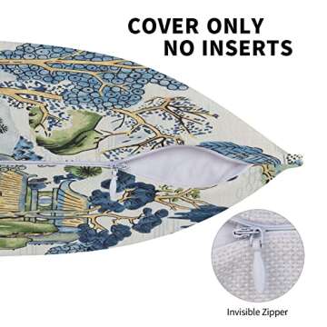 Wsunsal Chinoiserie Pillow Covers 22x22 Inch Set of 2, Asian Scenic Blue and Kelly Green Throw Pillows Farmhouse Chinoiserie Decorative Pillowcase Linen Cushion Cover for Home Sofa Bedroom Outdoor