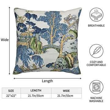 Wsunsal Chinoiserie Pillow Covers 22x22 Inch Set of 2, Asian Scenic Blue and Kelly Green Throw Pillows Farmhouse Chinoiserie Decorative Pillowcase Linen Cushion Cover for Home Sofa Bedroom Outdoor