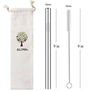 ALINK Reusable Boba Straws with Case and Cleaning Brush, 4-Pack Extra Wide Stainless Steel Metal Bubble Tea Straw for Smoothie, Shakes, Tapioca Pearl, 12 mm x 9 inch