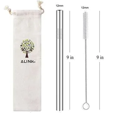ALINK Reusable Boba Straws with Case and Cleaning Brush, 4-Pack Extra Wide Stainless Steel Metal Bubble Tea Straw for Smoothie, Shakes, Tapioca Pearl, 12 mm x 9 inch