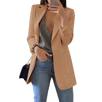 Cnkwei Womens Casual Blazers Open Front Long Sleeve Lapel Collar Work Office Jacket Camel