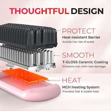 TYMO Ionic Hair Straightener Brush - Straightening Comb with 10M Negative Ions, 25s Heat-up, 16 Temps, Dual Voltage, LED Display | Ceramic Hot Comb Hair Brush Straightener for Women, Pink