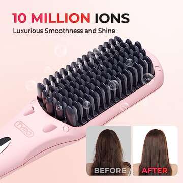 TYMO Ionic Hair Straightener Brush - Straightening Comb with 10M Negative Ions, 25s Heat-up, 16 Temps, Dual Voltage, LED Display | Ceramic Hot Comb Hair Brush Straightener for Women, Pink