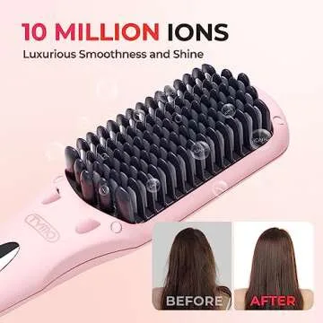 TYMO Ionic Hair Straightener Brush - Straightening Comb with 10M Negative Ions, 25s Heat-up, 16 Temps, Dual Voltage, LED Display | Ceramic Hot Comb Hair Brush Straightener for Women, Pink