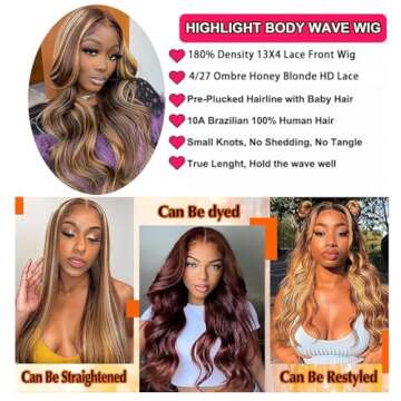 oisiyu Highlight Lace Front Wig Human Hair Ombre Honey Blonde 13x4 Body Wave HD Transparent Lace Frontal Wigs for Women 180% Density Pre Plucked with Baby Hair 4/27 Color 26 inch