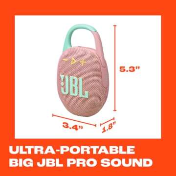 JBL Clip 5 - Ultra-Portable, Waterproof & Dustproof Bluetooth Speaker, Big Pro Sound with Punchy bass, Integrated Carabiner, Up to 12 Hours of Play, Made in Part with Recycled Materials (Pink)