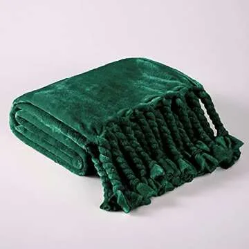 Homiest Fleece Throw Blanket with Fringe, Soft & Cozy Flannel Emerald Green Throw Blanket, Lightweig...