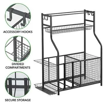 mDesign Metal Heavy Duty Garage Storage System Rack with Top Shelf, Multi-Purpose Sporting Goods Storage with Multiple Compartments, Baskets and Hooks - Holds Equipment, Balls, Bats - Matte Black