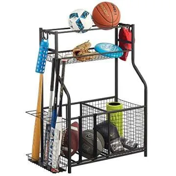 mDesign Metal Heavy Duty Garage Storage System Rack with Top Shelf, Multi-Purpose Sporting Goods Storage with Multiple Compartments, Baskets and Hooks - Holds Equipment, Balls, Bats - Matte Black
