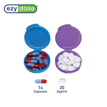EZY DOSE Daily Round, Portable On-The-Go Pocket Pharmacy, Pill Box, Organizer and Vitamin Containers, Snap Shut Lids, Perfect for Traveling, Blue and Purple, 2 Pack, BPA Free