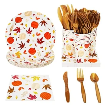 Juvale Autumn Paper Plates, Napkins, Cups, and Cutlery for Thanksgiving Celebrations - Serves 24