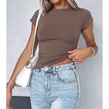 Cioatin Women’s Short Sleeve Crop Tee Shirt Workout Basic Solid Form Fit Round Neck Going Out Tshirt Casual Yoga Brown