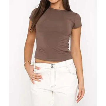 Cioatin Women’s Short Sleeve Crop Tee Shirt Workout Basic Solid Form Fit Round Neck Going Out Tshirt Casual Yoga Brown