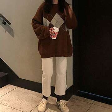 Lunoakvo Women Geometric Pattern Argyle Pullovers Loose Oversized O-Neck Knitted Sweaters Jumper Coffee