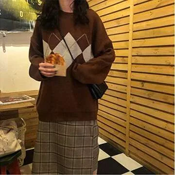 Lunoakvo Women Geometric Pattern Argyle Pullovers Loose Oversized O-Neck Knitted Sweaters Jumper Coffee