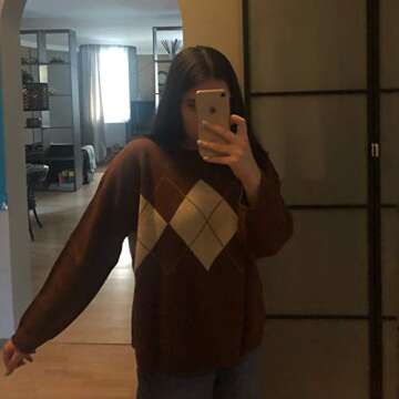 Lunoakvo Women Geometric Pattern Argyle Pullovers Loose Oversized O-Neck Knitted Sweaters Jumper Coffee