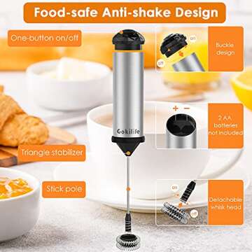 Milk Frother Handheld - Gokilife Electric Whisk Drink Mixer Mini Foam Maker Hand Foamer for Bulletproof Coffee, Latte, Cappuccino, Hot Chocolate, Protein Powder (Sliver01)