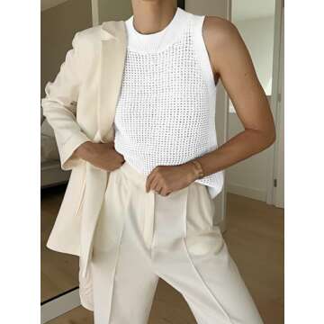 Famulily Women's White Summer Crochet Knit Tank Tops Sleeveless Hollow Out Knitted Top Round Neck Cami Shirts M