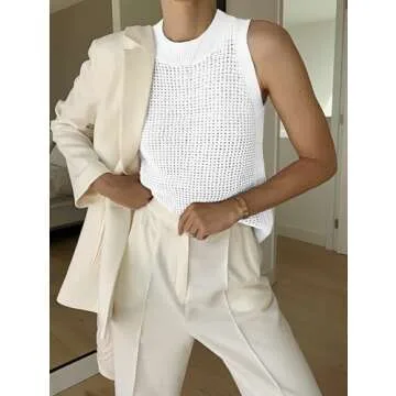 Famulily Women's White Summer Crochet Knit Tank Tops Sleeveless Hollow Out Knitted Top Round Neck Cami Shirts M