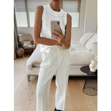 Famulily Women's White Summer Crochet Knit Tank Tops Sleeveless Hollow Out Knitted Top Round Neck Cami Shirts M