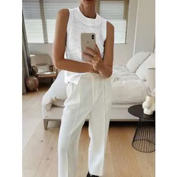 Famulily Women's White Summer Crochet Knit Tank Tops Sleeveless Hollow Out Knitted Top Round Neck Cami Shirts M