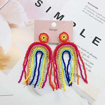Statement Drop Earrings Rainbow Tassel Beaded Dangle Earrings Gift for Women