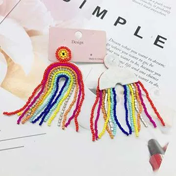 Statement Drop Earrings Rainbow Tassel Beaded Dangle Earrings Gift for Women
